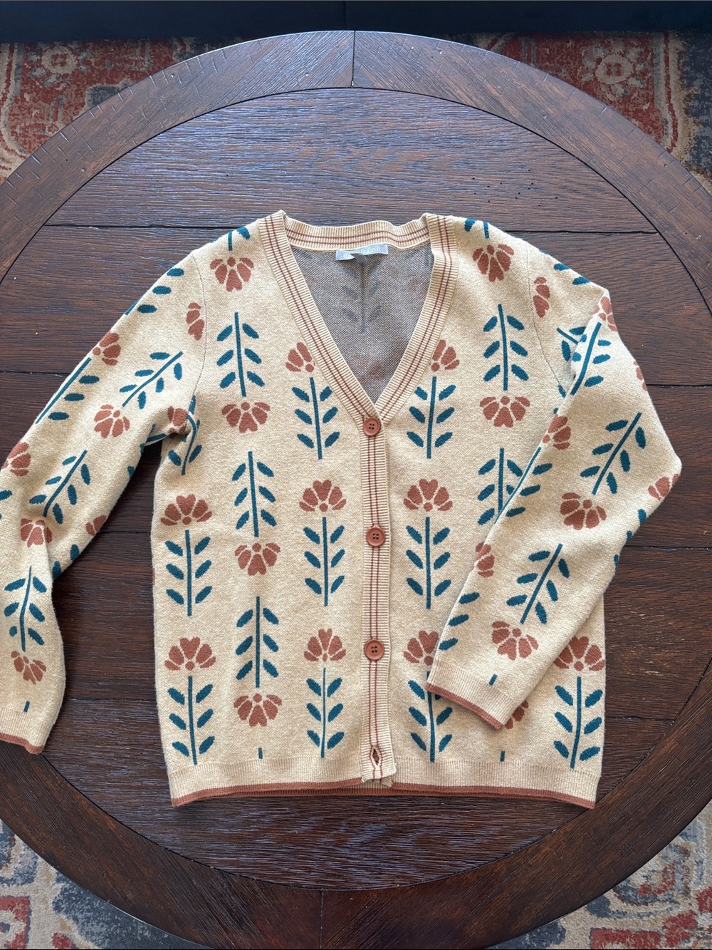Beige Floral V-Neck Button Cardigan Sweater
